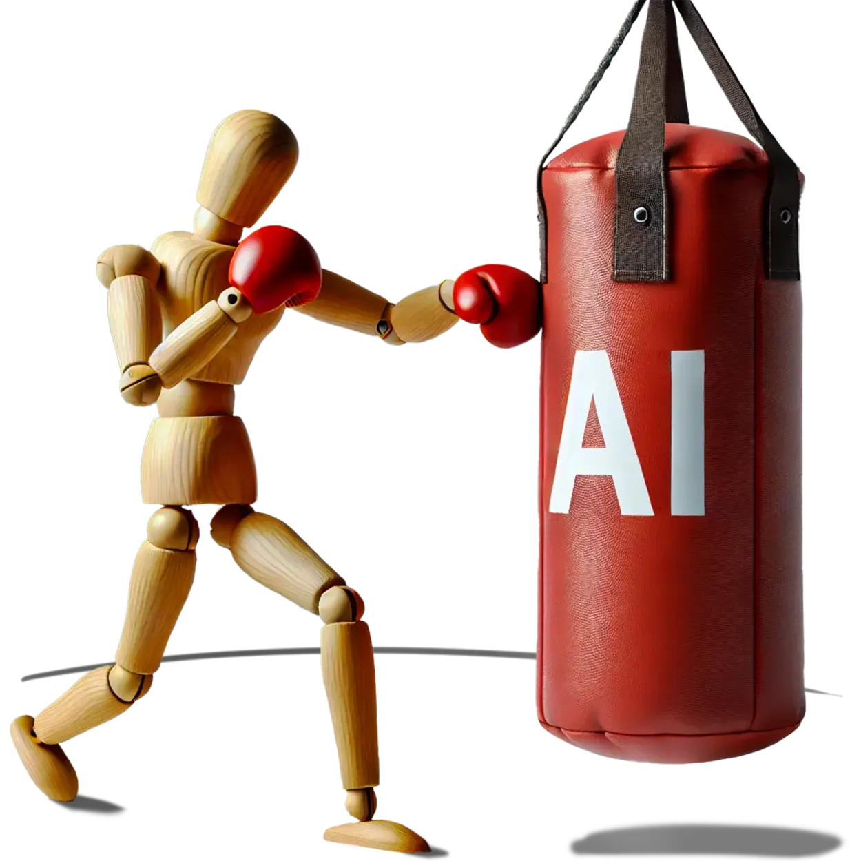 Holzfigur am Boxsack mit der Aufschrift AI